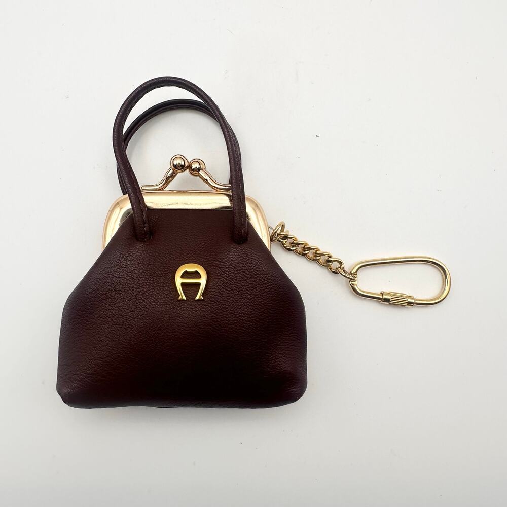 Etienne Aigner Brown Leather Kisslock Miniature Coin Top Handle Purse Keychain - Picture 2 of 5